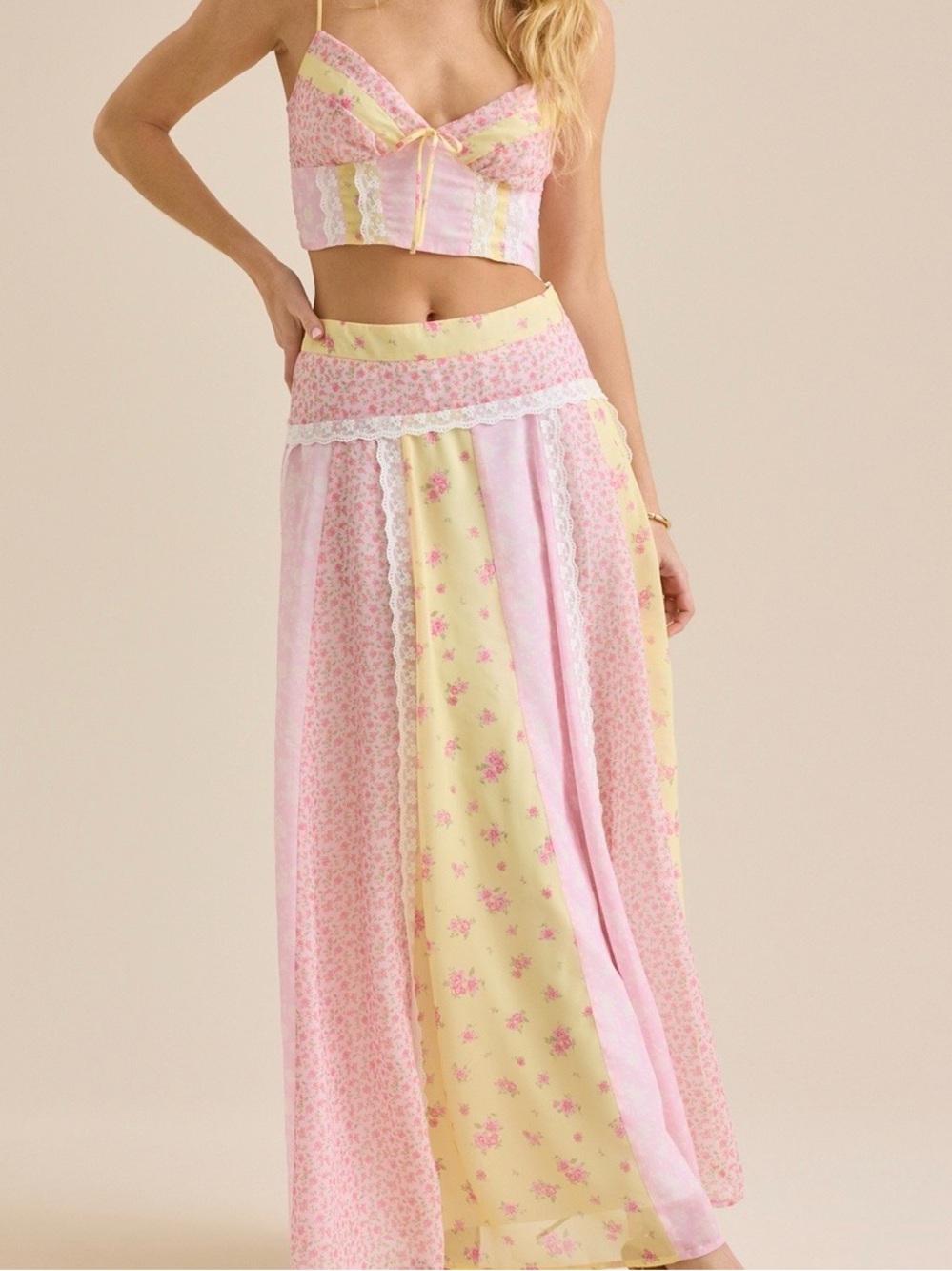 Pastel Pink & Yellow Floral Panel Maxi Skirt